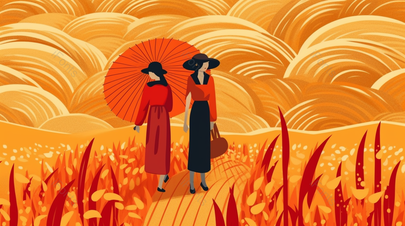 两个女孩红色伞芒种秋分秋季稻田麦田麦穗丰收秋收金色抽象简约插画,插画/手绘图,插画/手绘图库,插画/手绘图下载,插画/手绘
